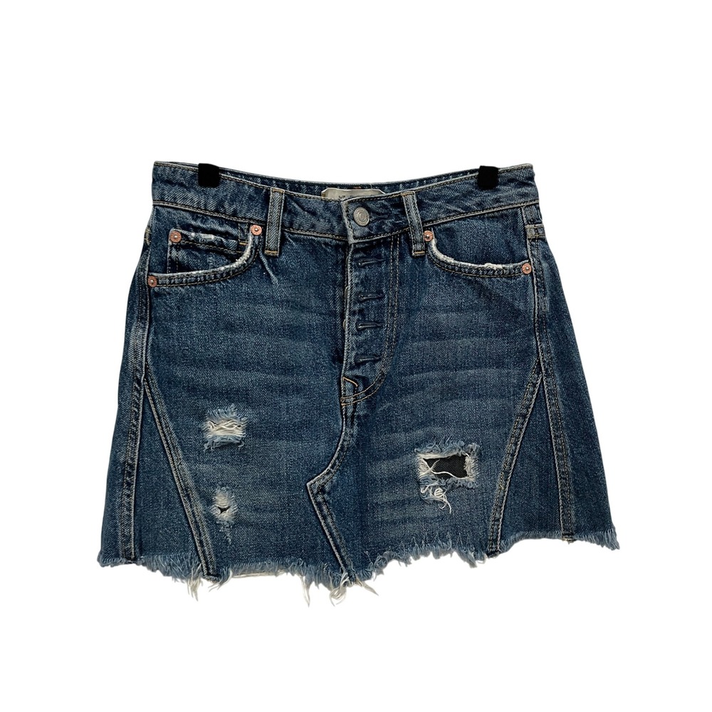 We The Free Distressed Denim Mini Skirt Raw Hem Button Fly Blue Size 24